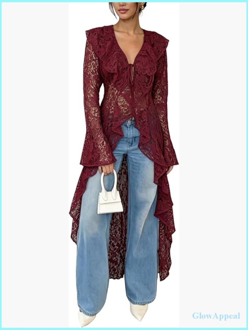 Lace Maxi Cardigan Open Front Bell Sleeve Sheer Duster